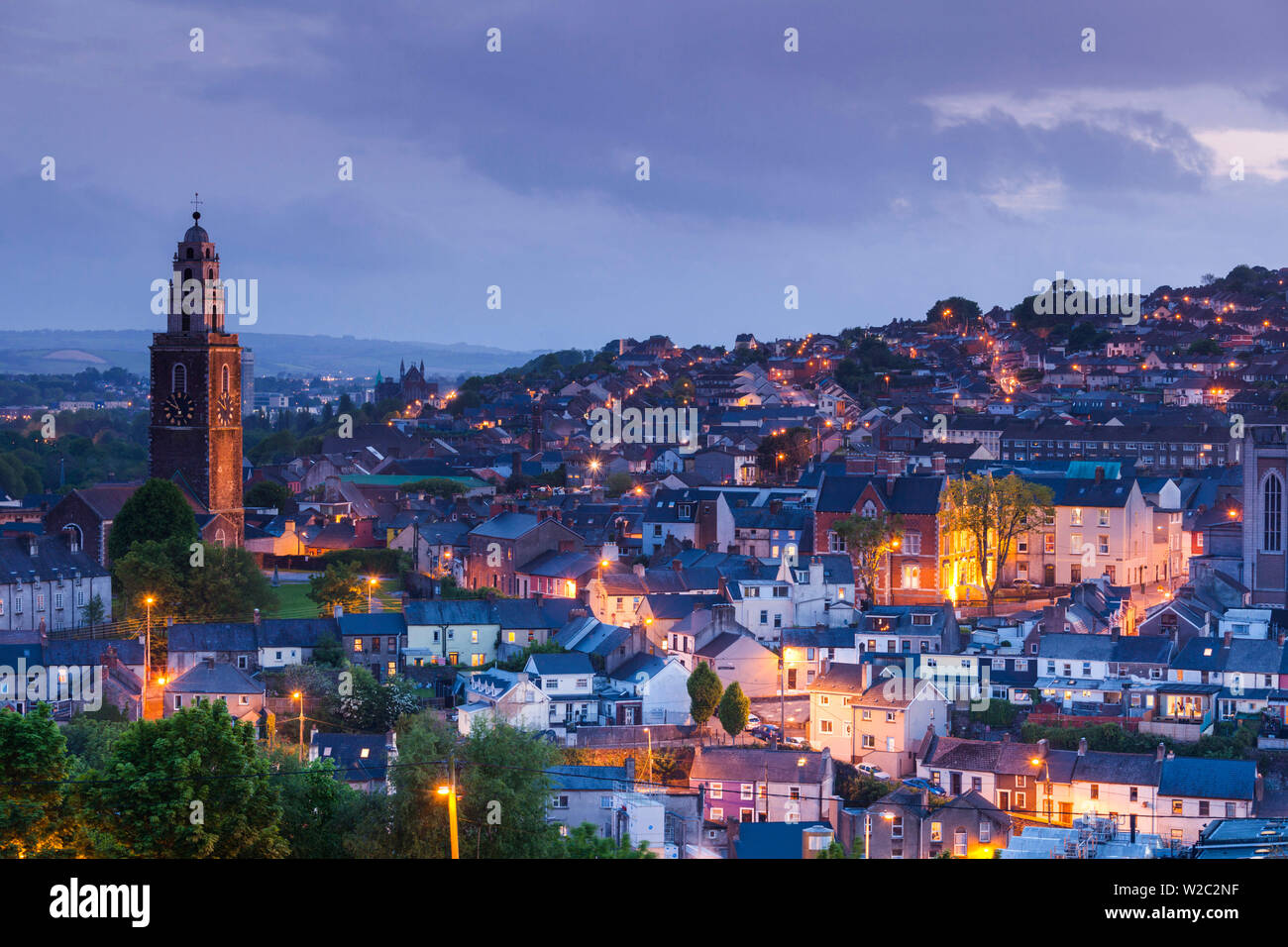 Ireland, County Cork, Cork City, St. Anne's Church, elevated view, dusk Stock Photo