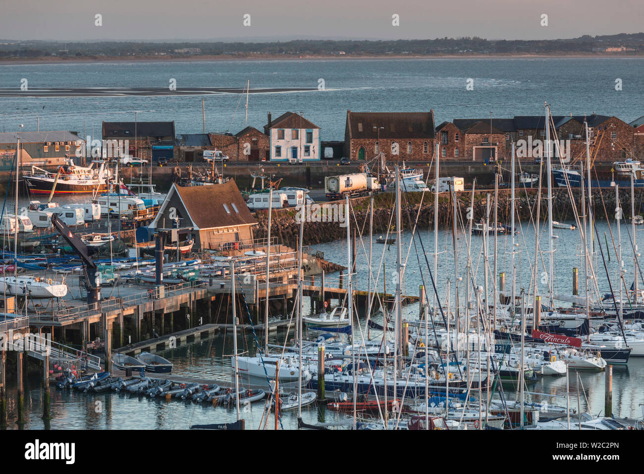 Ireland, County Fingal, Howth, Howth Harbor, elevated view, dawn Stock Photo