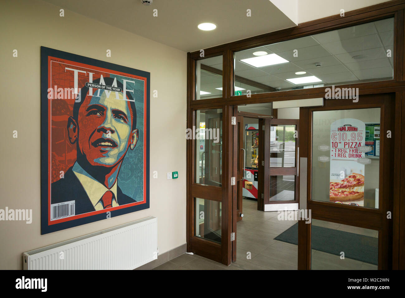 Ireland, County Offaly, Moneygall, motorway plaza named for US President Barack Obama, Barack Obama Plaza, Obama visit museum, Time magazine cover art Stock Photo