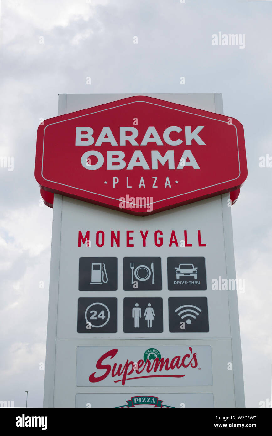 Ireland, County Offaly, Moneygall, motorway plaza named for US President Barack Obama, Barack Obama Plaza, sign Stock Photo
