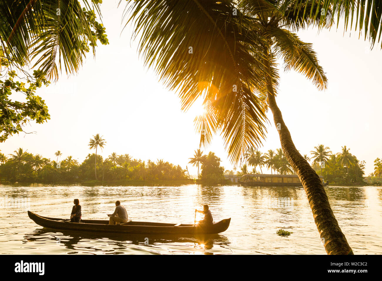 Wooden canoe in Kerala backwaters, nr Alleppey, (or Alappuzha), Kerala, India Stock Photo