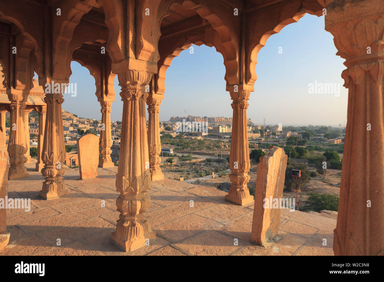 India, Rajasthan, Jaisalmer, Vyas Chhatari Brahmin Cemetery Stock Photo