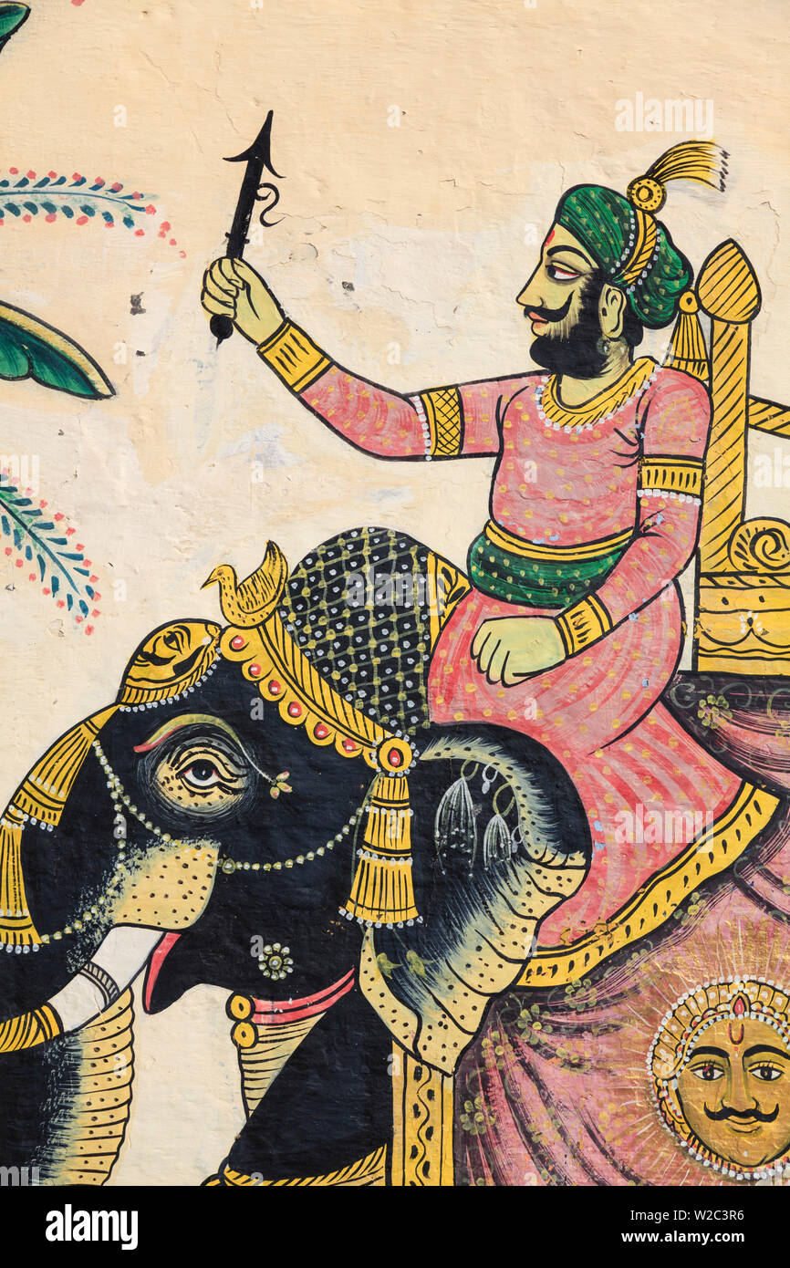 India, Rajasthan, Udaipur, City Palace Complex, detail of wall paintings Stock Photo