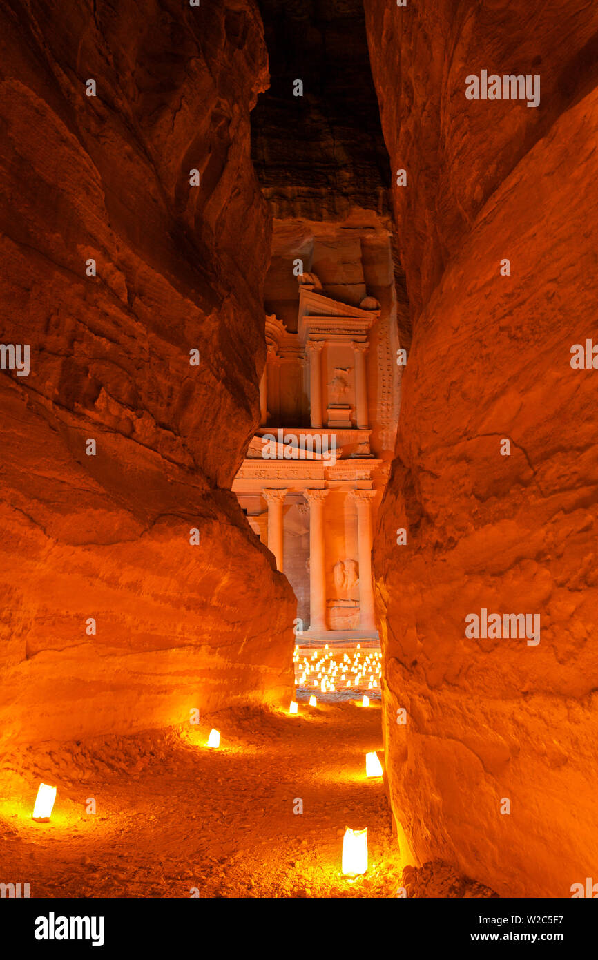 Treasury Lit By Candles At Night, Petra, Jordan, Middle East Stock Photo