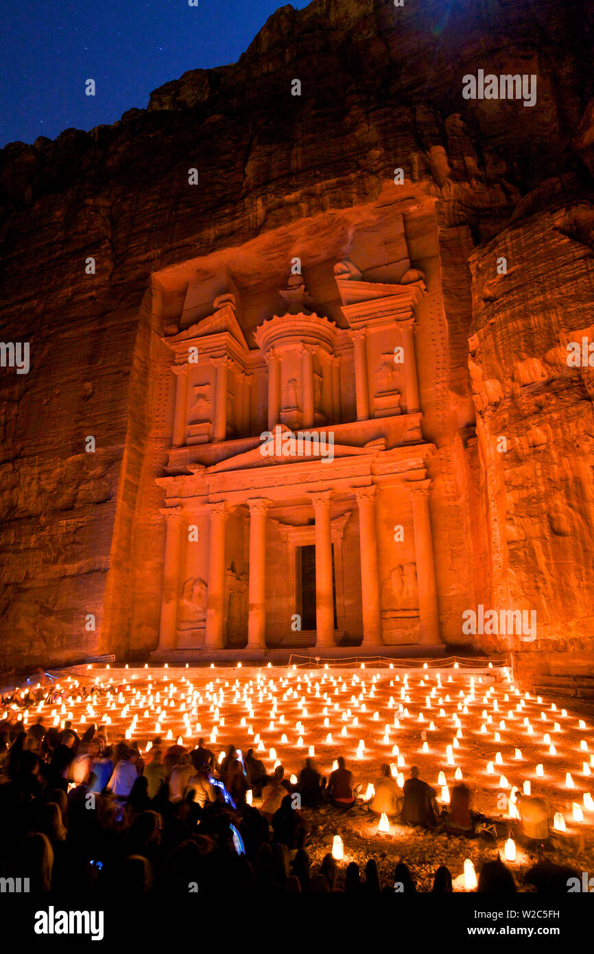 Treasury Lit By Candles At Night, Petra, Jordan, Middle East Stock Photo