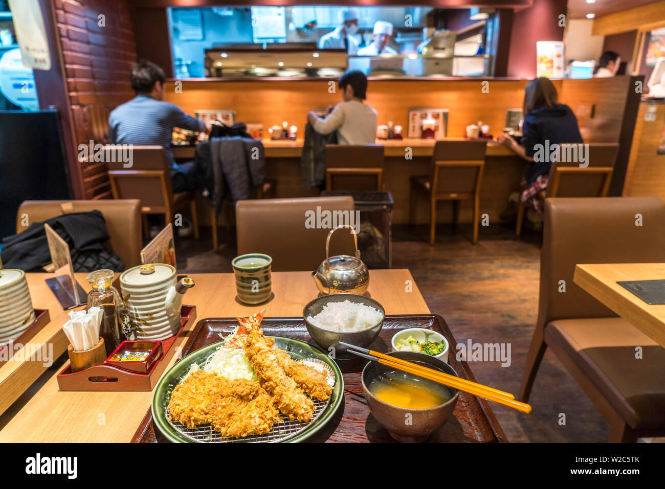 Japanese food with miso soup & tempura in restaurant, Tokyo, Japan Stock Photo