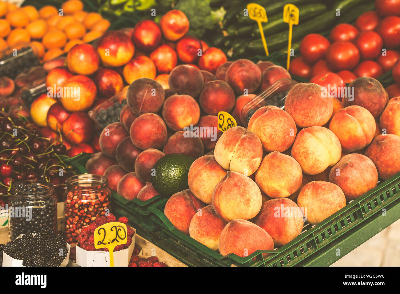 Fruits and vegetables in boxes are sold on European market Stock Photo ...