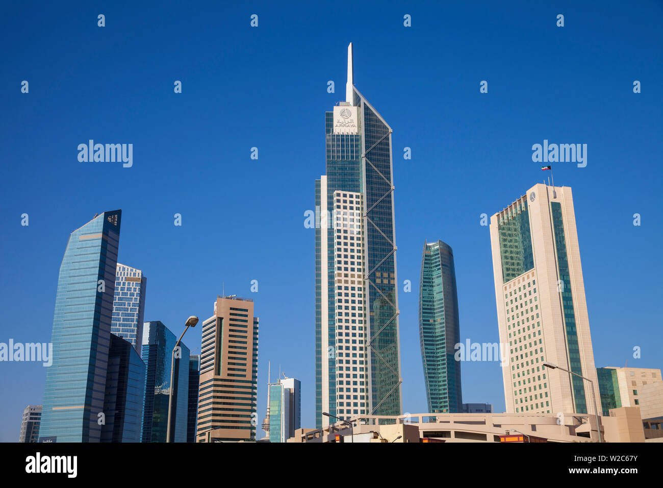 Kuwait, Kuwait City, City center buildings the middle building is Arraya building Stock Photo