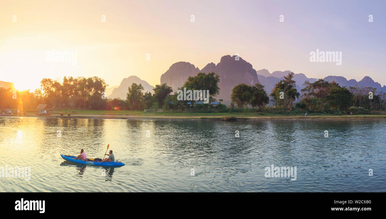 Laos, Vang Vieng. Nam Song River and Karst Landscape Stock Photo