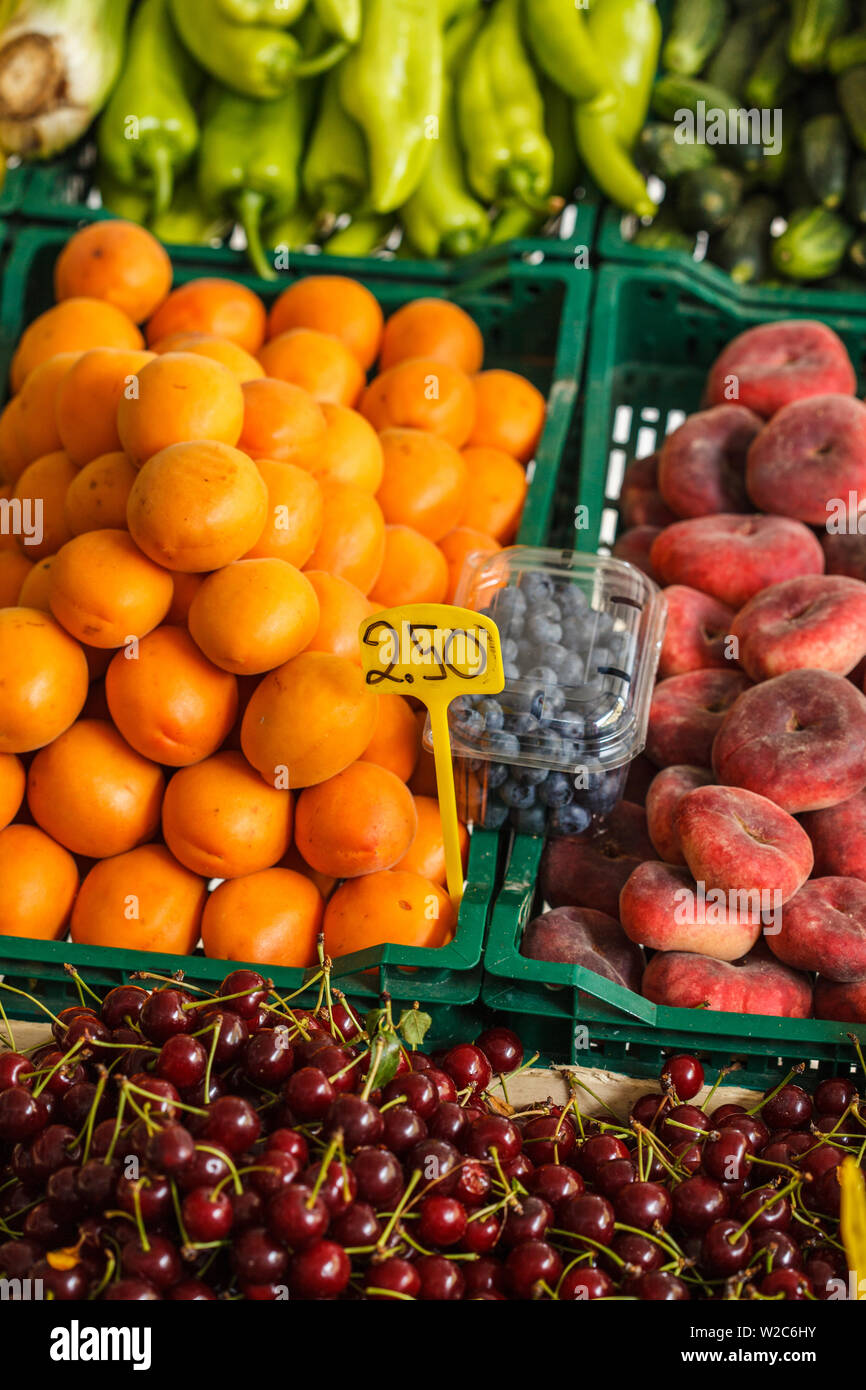 Fruits and vegetables in boxes are sold on European market Stock Photo ...