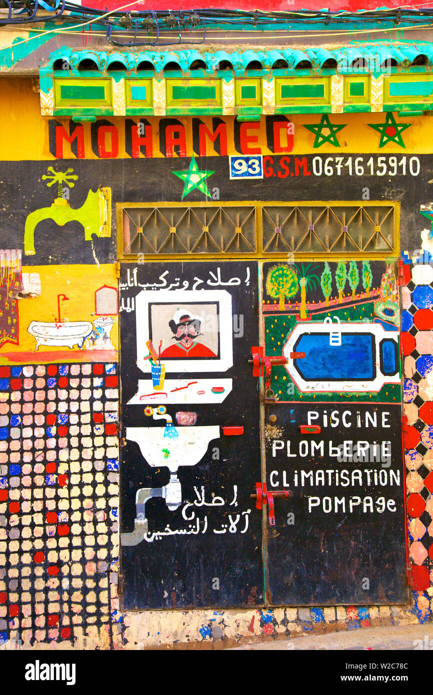 Advertising Signage fpr Plumber, Tangier, Morocco, North Africa Stock Photo