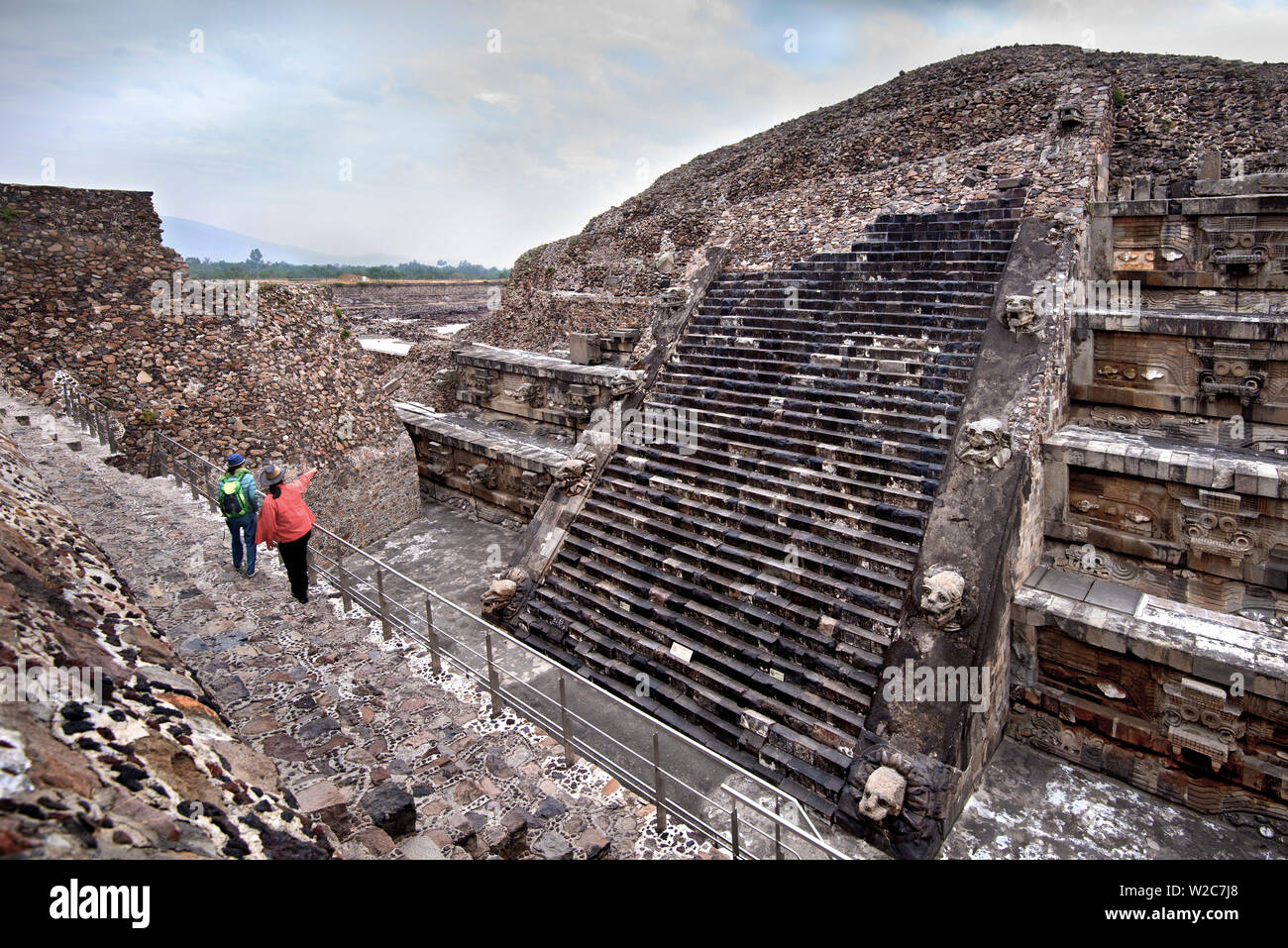 Mexico, Mexico City, Temple Of The Feathered Serpent, Temple Of Quetzalocatl, Pyramid, Teotihuacan, Ancient Civilization, Tourist And Guide Stock Photo