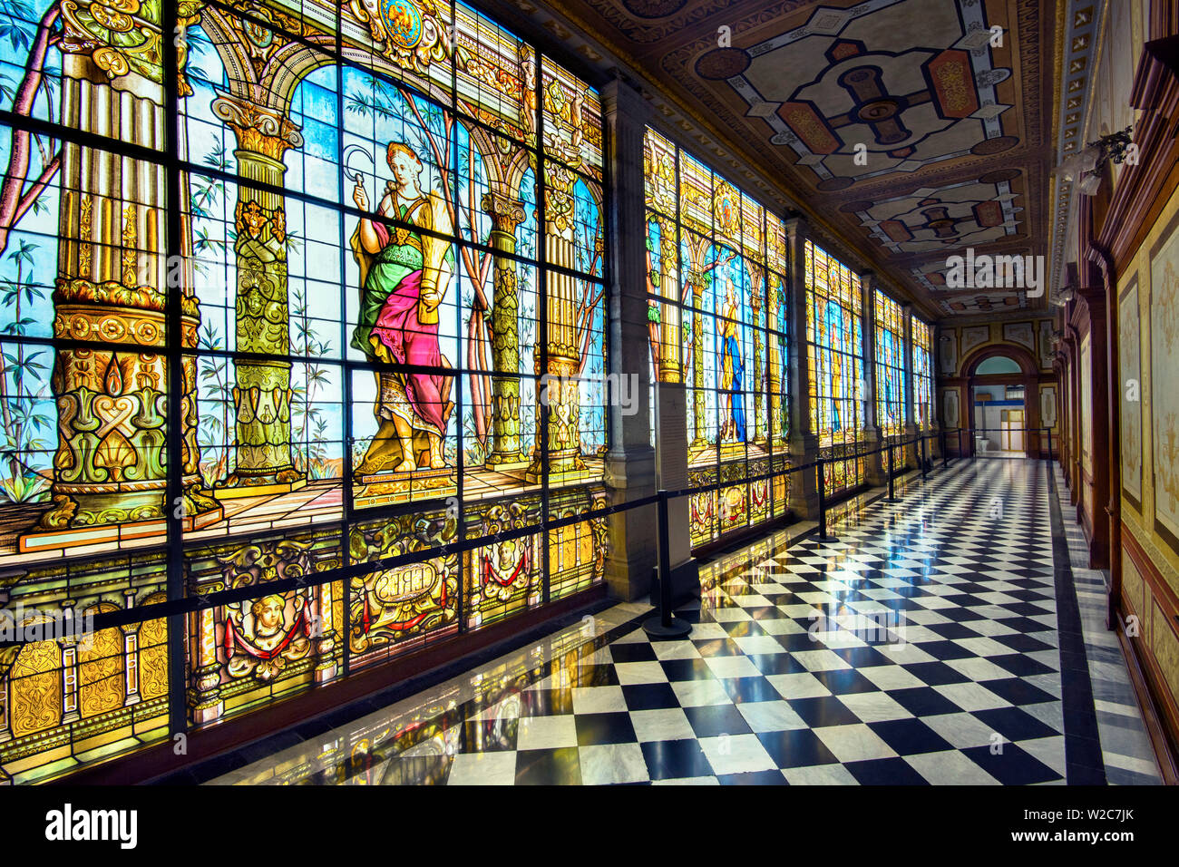 Mexico, Mexico City, Chapultepec Castle, Hallway of the Stained Glass Windows, National Museum Of History Stock Photo