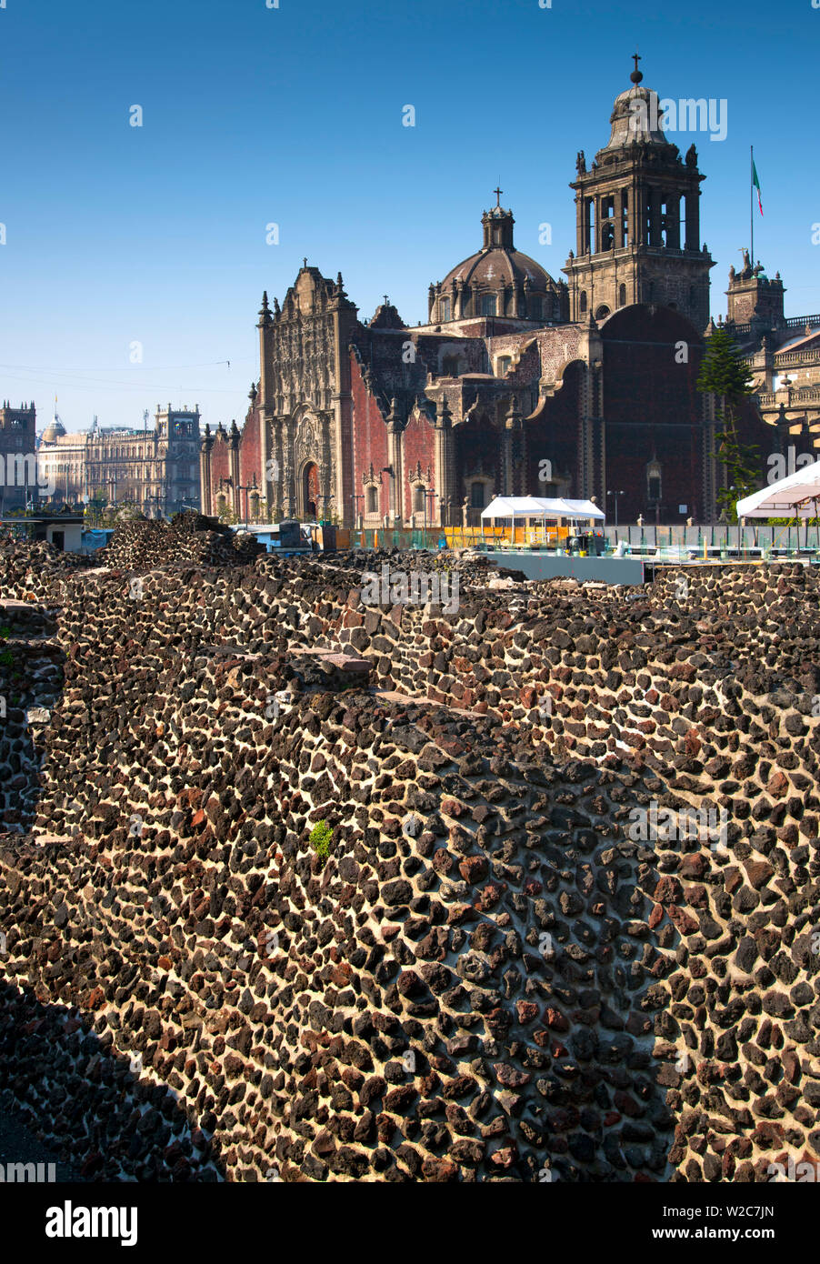 Mexico, Mexico City, Walls Of The Templo Mayor, Aztec Ruins, Great Temple, Tenochtitlan, Cathedral In Background, Temple Buried Underneath The Main Plaza, Centro Historico Stock Photo