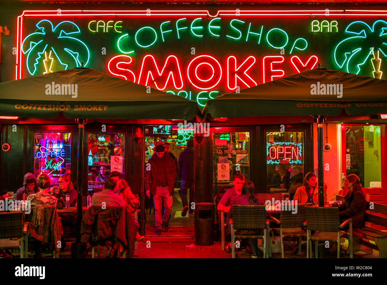 Netherlands, Amsterdam, Rembrandtplein square, Smokey Coffee Shop, evening, exterior Stock Photo