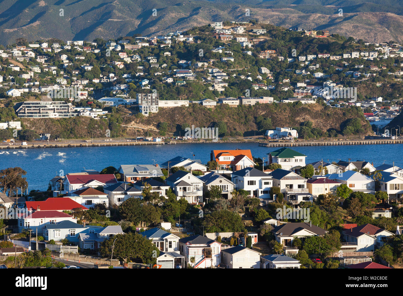 New Zealand, North Island, Wellington, elevated view of suburbs from Mt. Victoria Stock Photo