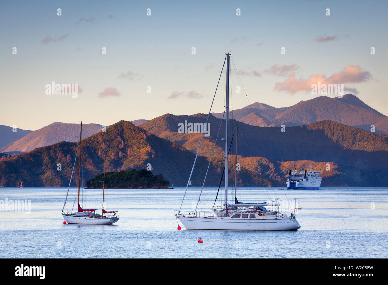 Yachts anchored on the idyllic Queen Charlotte Sound, Picton, Marlborough Sounds, South Island, New Zealand Stock Photo
