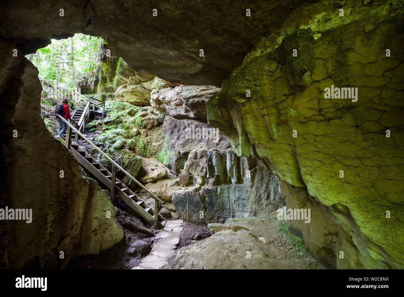 Tourist exploring limestone cave, Karamea, West Coast, South Island, New Zealand Stock Photo