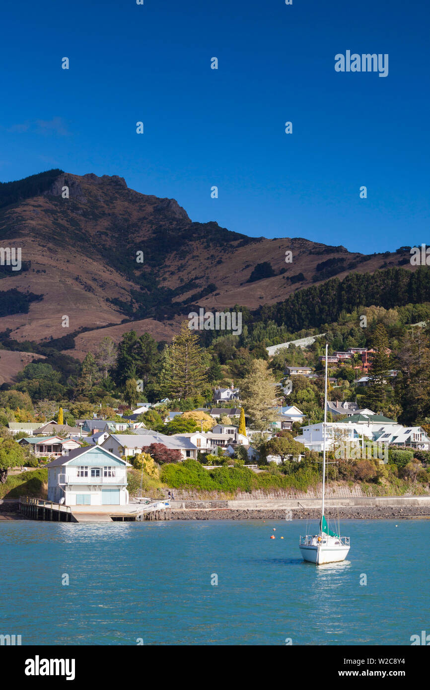 New Zealand, South Island, Canterbury, Banks Peninsula, Akaroa, Akaroa Harbor Stock Photo