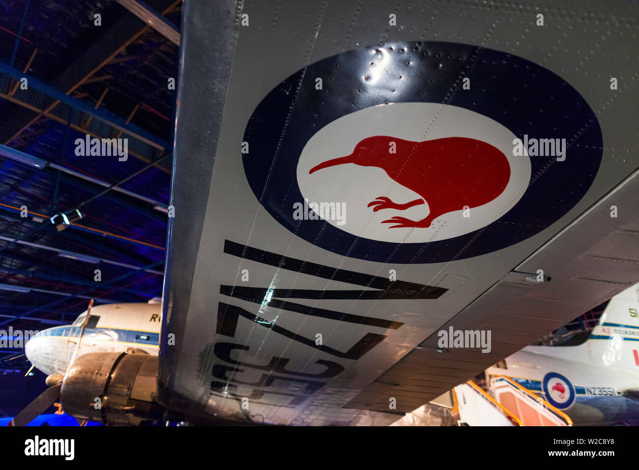 New Zealand, South Island, Christchurch, Royal New Zealand Air Force Museum, DC-3 Dakota RNZAF roundel with kiwi Stock Photo