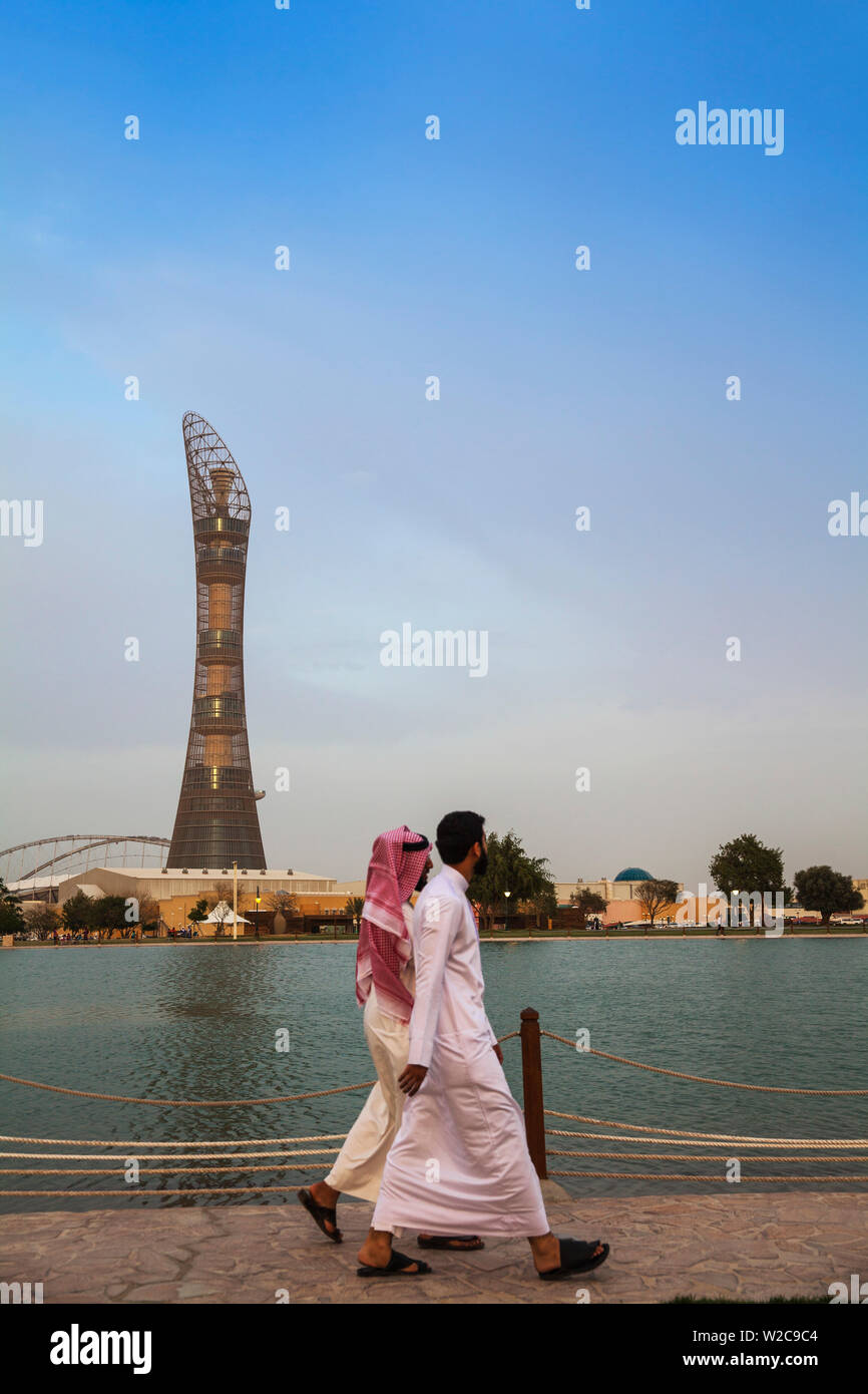 Qatar, Doha,  The Torch Hotel reflecting in the lake in Aspire Park Stock Photo