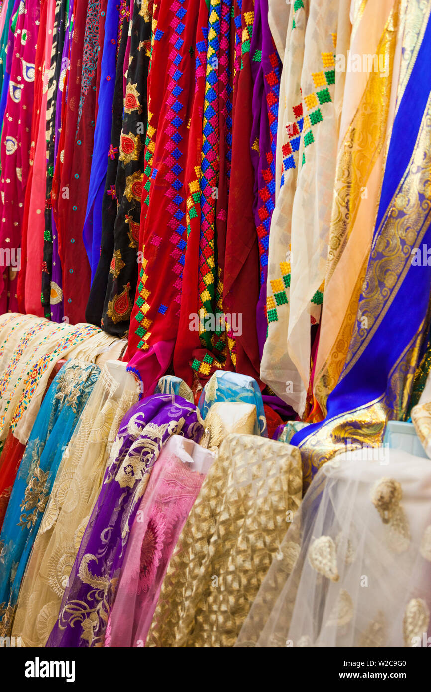 Qatar, Doha, Souq Waqif, redeveloped bazaar area, fabric shop interior