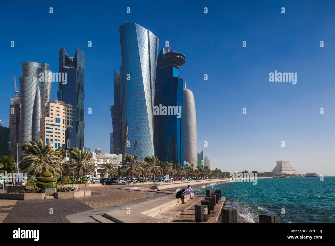 Qatar, Doha, Doha Bay, West Bay Skyscrapers from the Corniche, morning Stock Photo