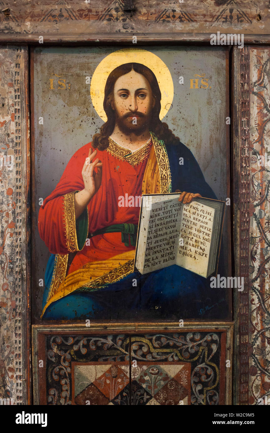 Romania, Bucharest, Museum of the Romanian Peasant, Romanian Orthodox church altar, religious painting of Jesus Christ Stock Photo
