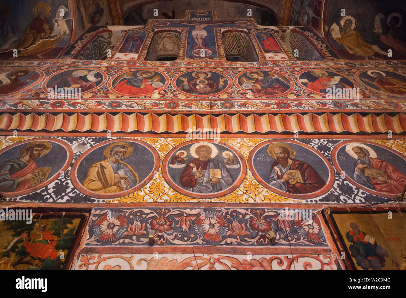 Romania, Bucharest-area, Snagov, Snagov Monastery, final resting place of Vlad Tepes, Vlad the Impaler, interior frescoes Stock Photo
