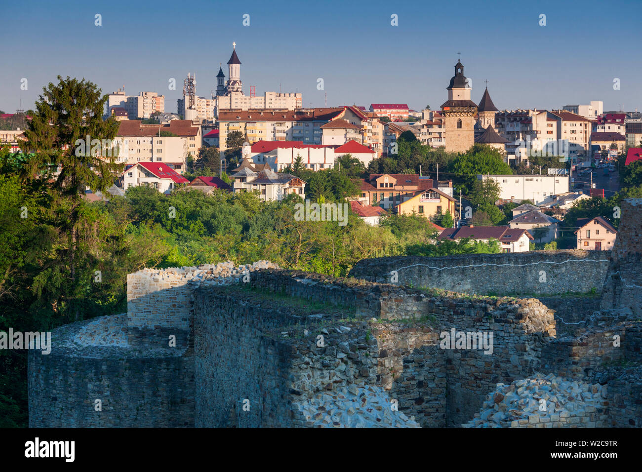 Romania, Bucovina Region, Suceava, elevated city view from the Citadel, dawn Stock Photo