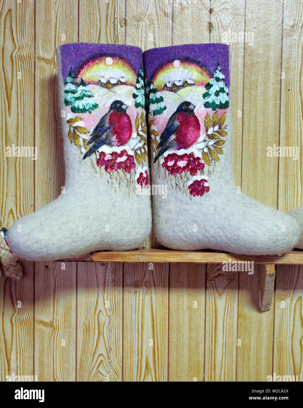 Traditional felt boots (valenki), Bugrov's wooden house (1880s), Volodarsk, Nizhny Novgorod region, Russia Stock Photo