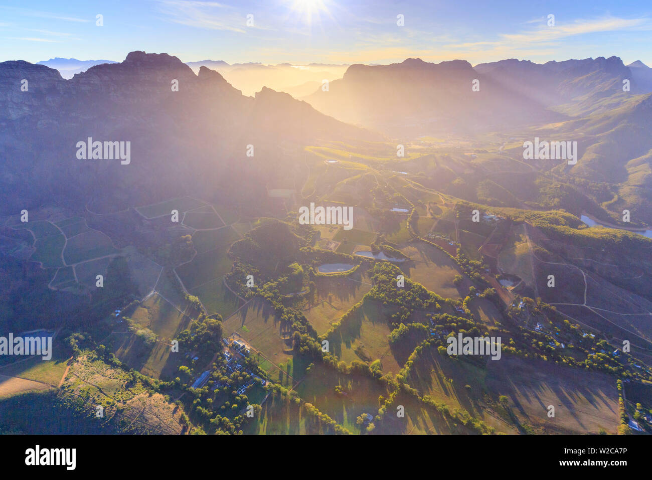 South Africa, Western Cape, Stellenbosch, Aerial View over the Valley and Wine Estates Stock Photo