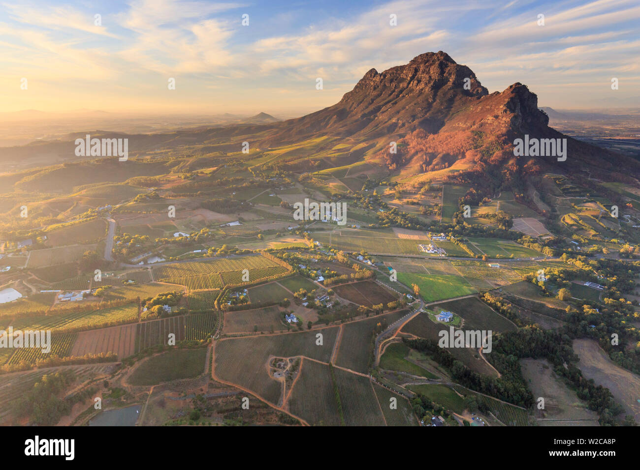 South Africa, Western Cape, Stellenbosch, Aerial view of Simonsberg Mountain range and Stellenbosch Winelands Stock Photo