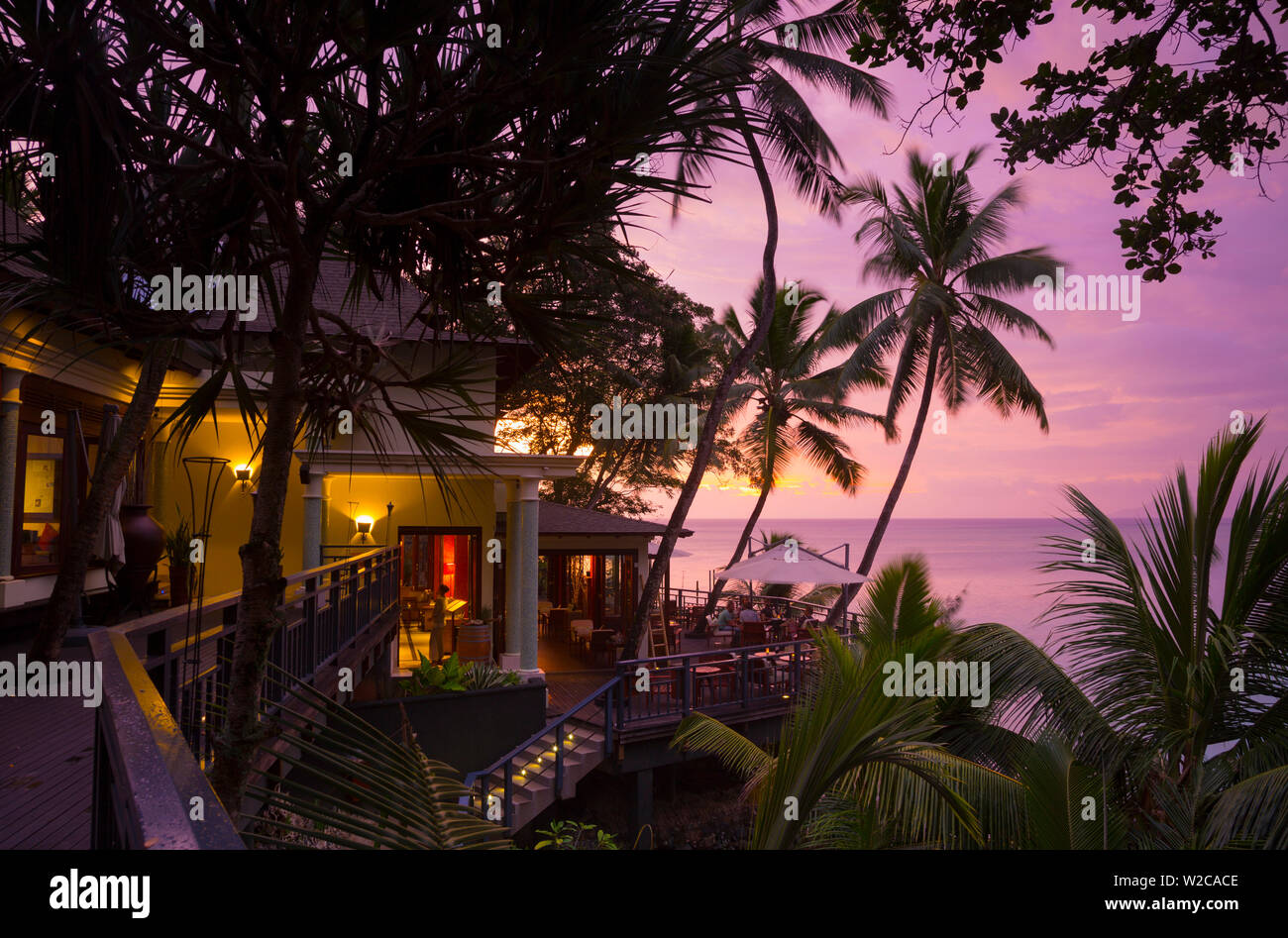 Terrace of the restaurant at Hilton Northolme Resort, Mahe, Seychelles Stock Photo
