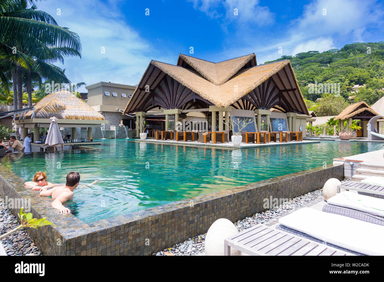 Pool at the Le Domaine de l'Orangeraie resort hotel, La Digue, Seychelles Stock Photo