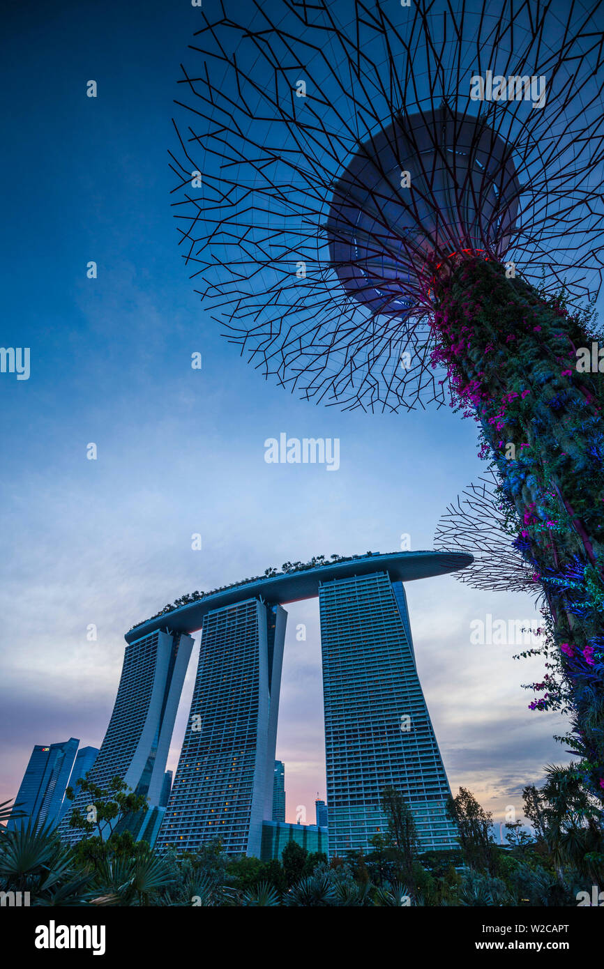 Singapore, Gardens By The Bay, Super Tree Grove and Marina Bay Sands Hotel, dusk Stock Photo