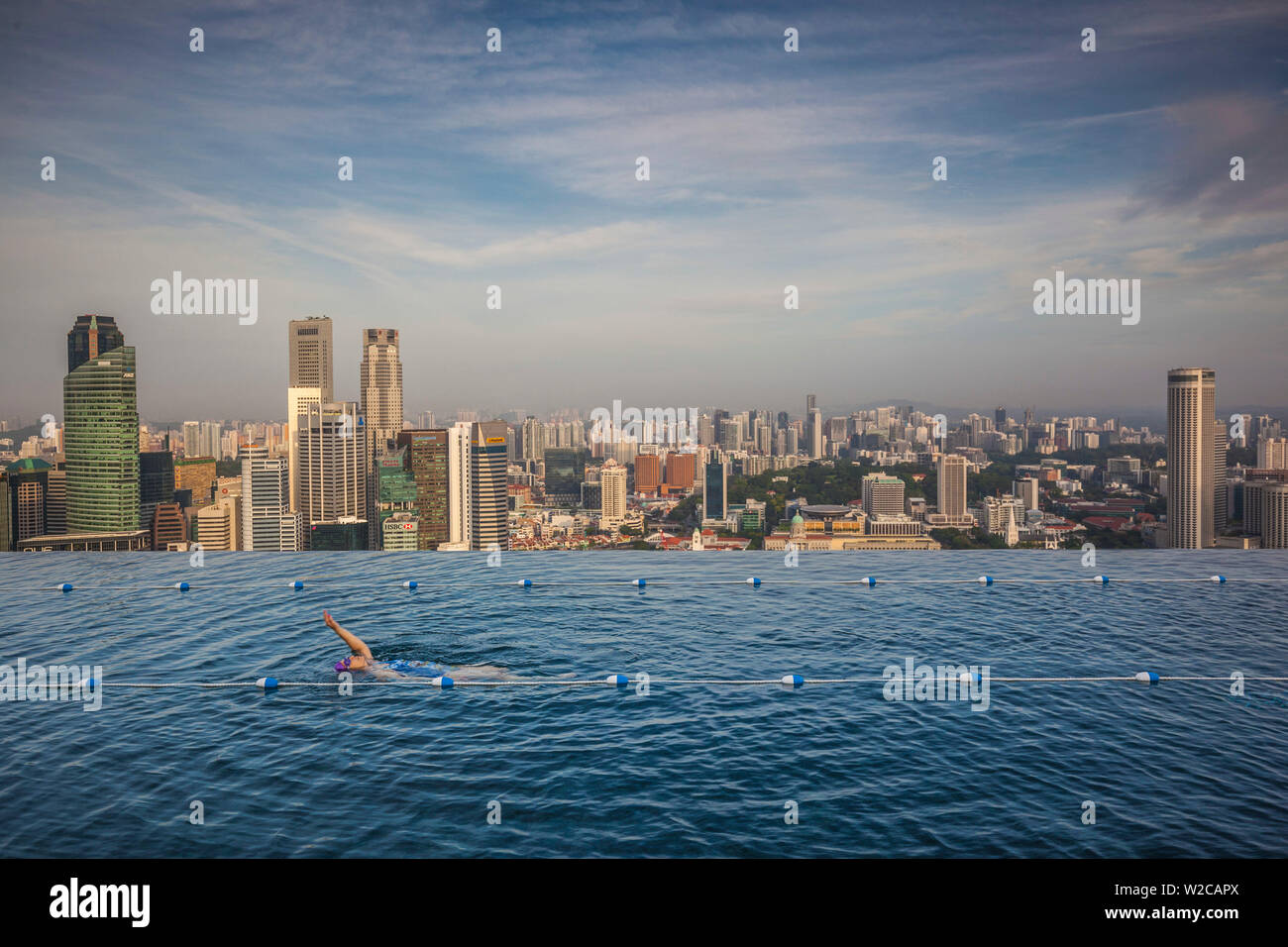 Singapore, Marina Bay Sands Hotel, rooftop swimming pool, dawn Stock Photo