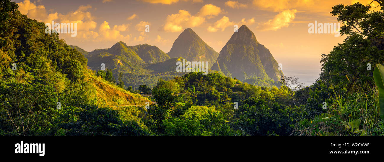Caribbean, St Lucia, Petit (near) and Gros Piton Mountains (UNESCO World Heritage Site) Stock Photo