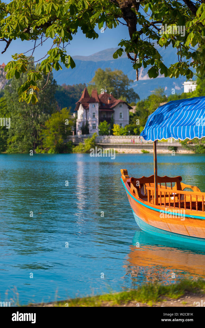 Slovenia, Julian Alps, Upper Carniola, Bled, Lake Bled, Pleasure Boats Stock Photo
