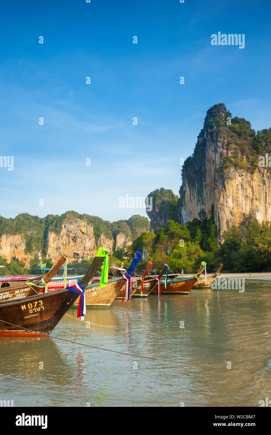 Longtail boats on West Railay beach, Railay Peninsula, Krabi Province, Thailand Stock Photo