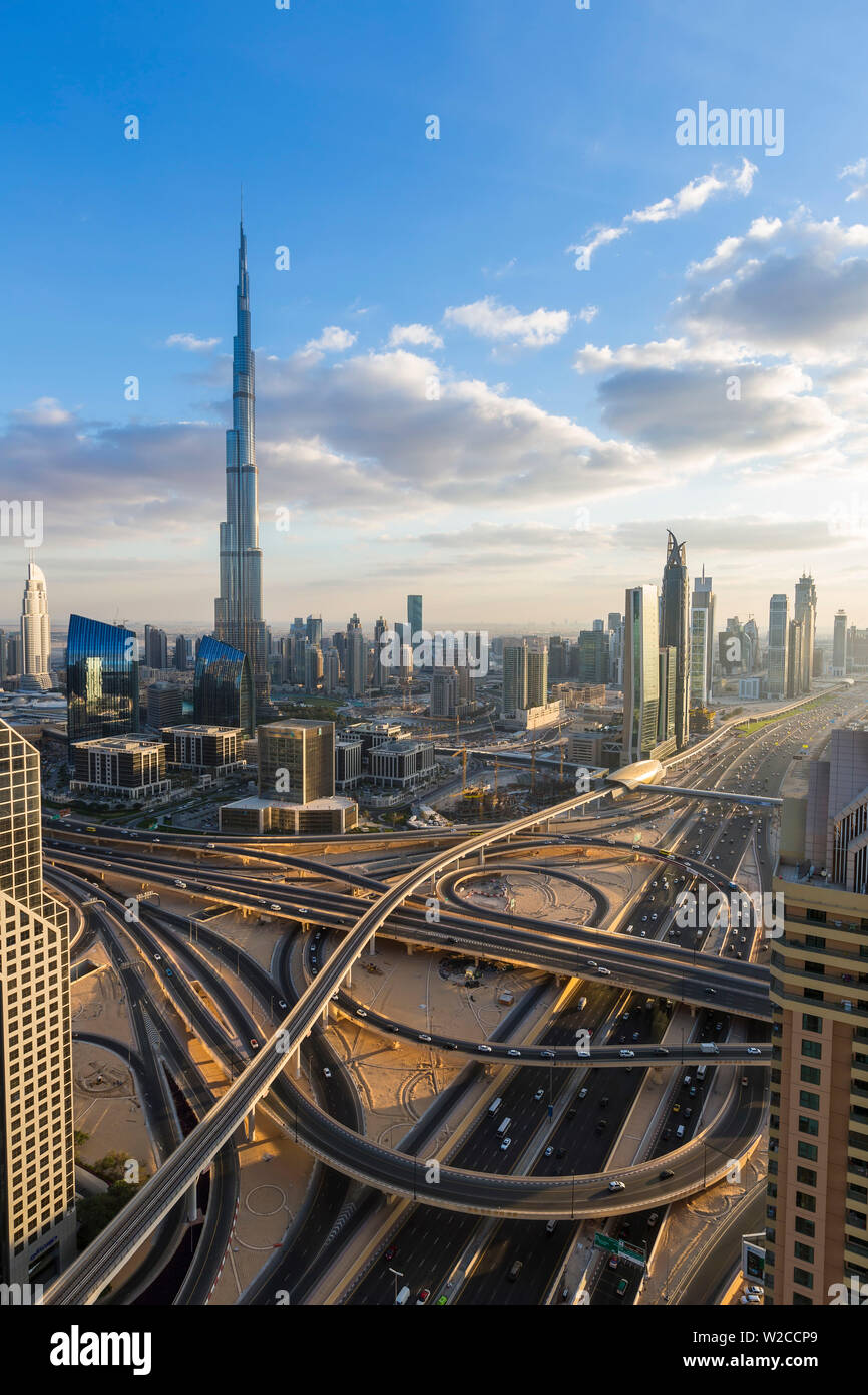 The Burj Khalifa Dubai, elevated view across Sheikh Zayed Road and Financial Centre Road Interchange ,Downtown Dubai, Dubai, UAE Stock Photo