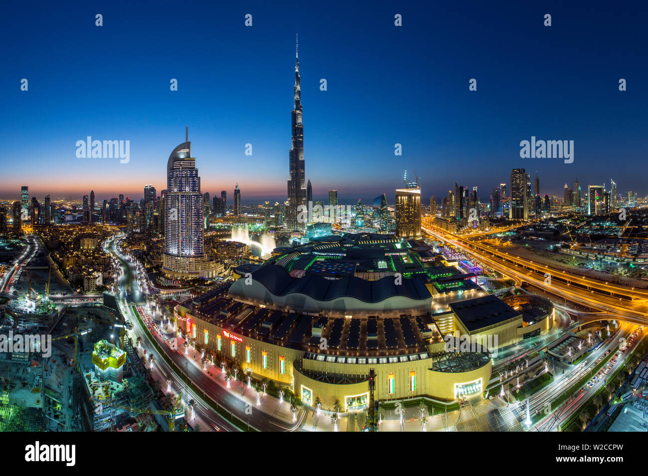 United Arab Emirates, Dubai, the Burj Khalifa, elevated view looking over the Dubai Mall Stock Photo