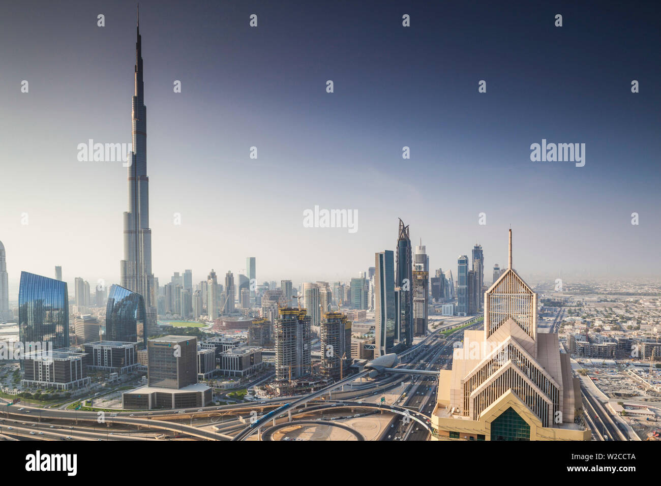 UAE, Dubai, Downtown Dubai, eleavted view over Sheikh Zayed Road and ...