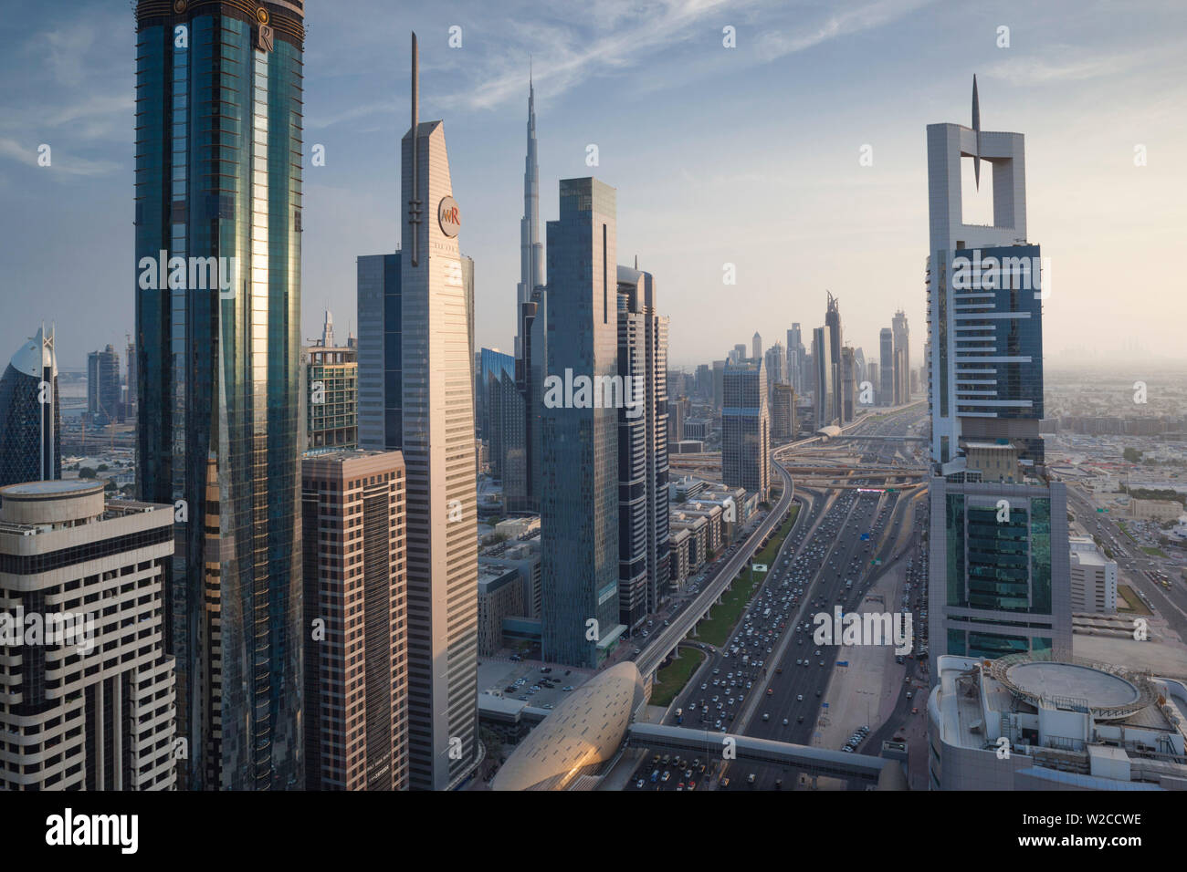 UAE, Dubai, Downtown Dubai, high rise buildings along Sheikh Zayed Road, elevated view, dusk Stock Photo