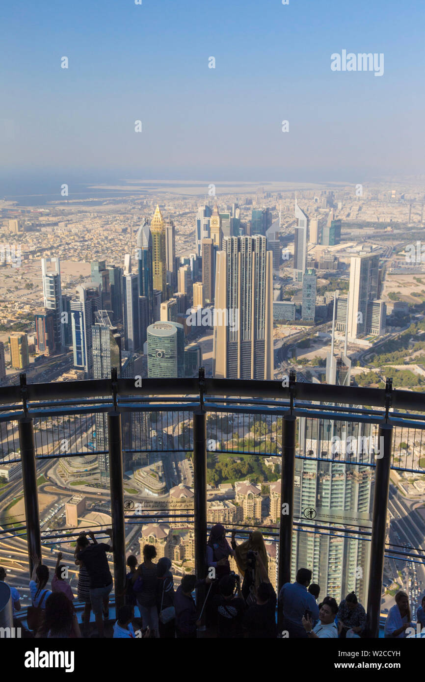United Arab Emirates, Dubai, View looking towards Sheikh Zayed Road and Financial Centre from Burj Khalifa Stock Photo