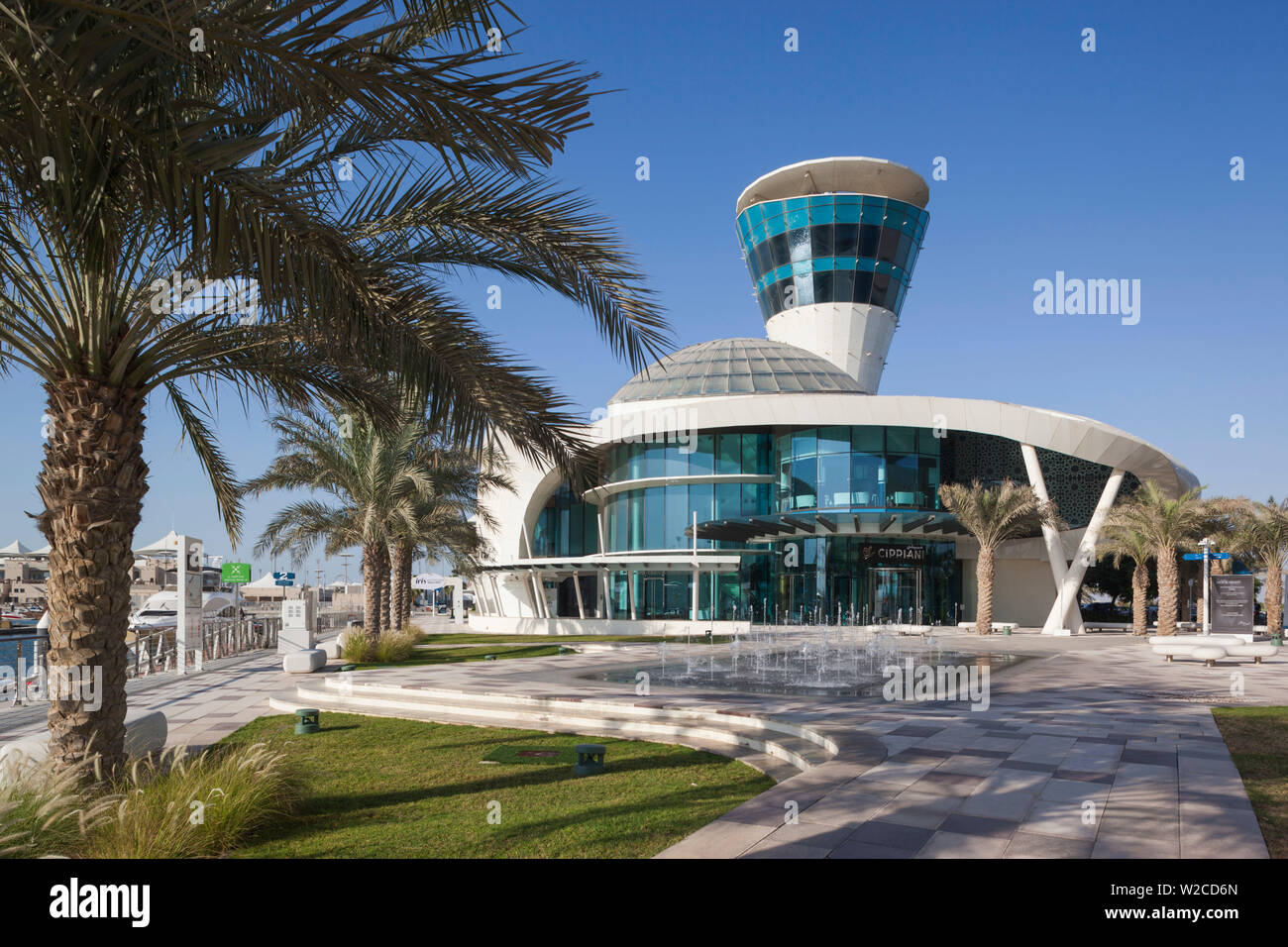 UAE, Abu Dhabi, Yas Island, Yas Marina buildings with Cipriani Italian Restaurant Stock Photo