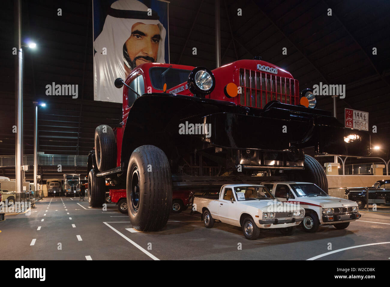 UAE, Abu Dhabi, Shanayl, Emirates National Car Museum, car collection of Sheikh Hamad Bin Hamdan Al Nahyan, also known as The Rainbow Sheikh, Dodge Power Wagon monster truck on mining truck chassis Stock Photo