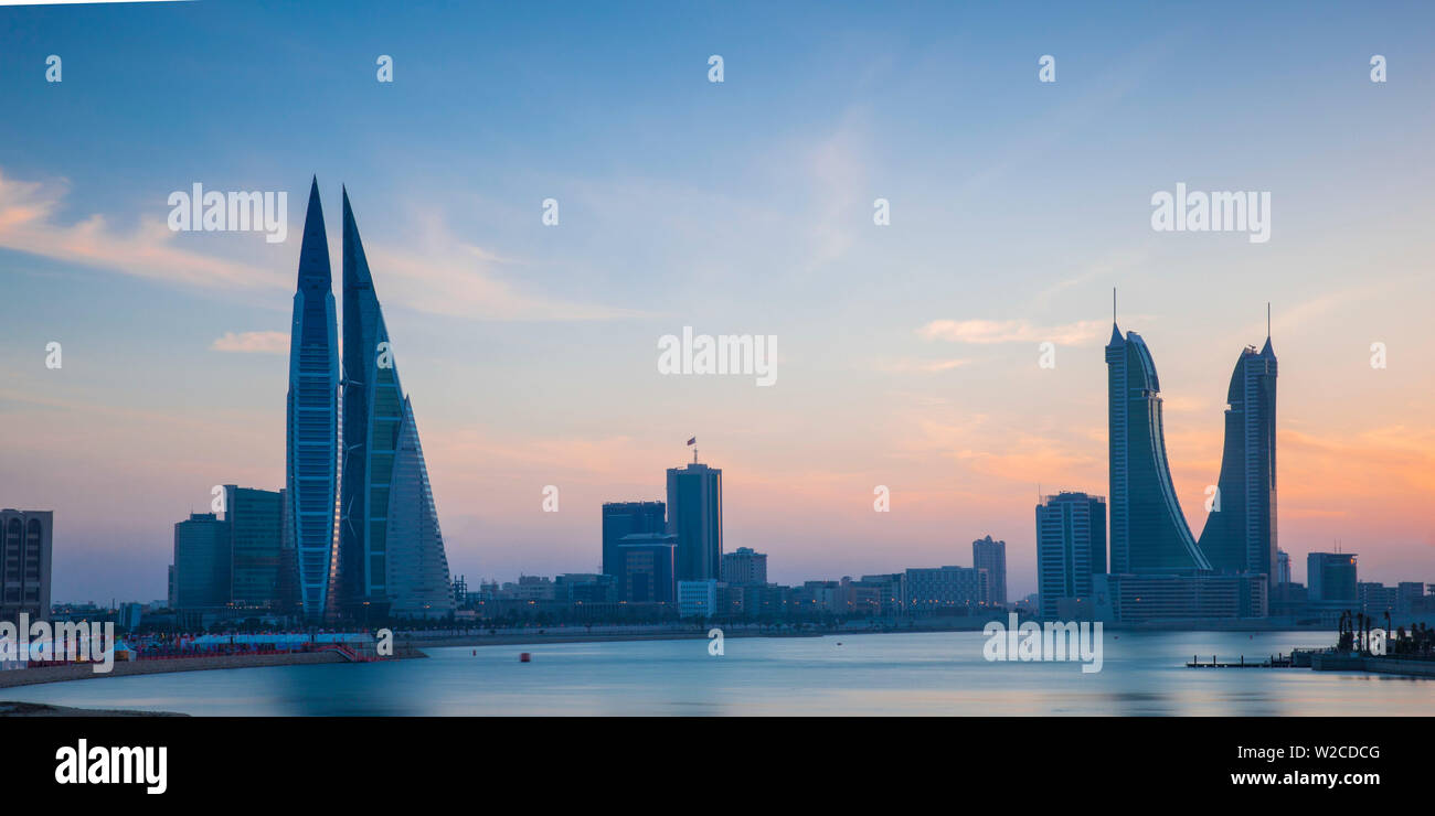 Bahrain, Manama, Bahrain Bay, View of Bahrain World Trade Center and the Financial Harbour building Stock Photo