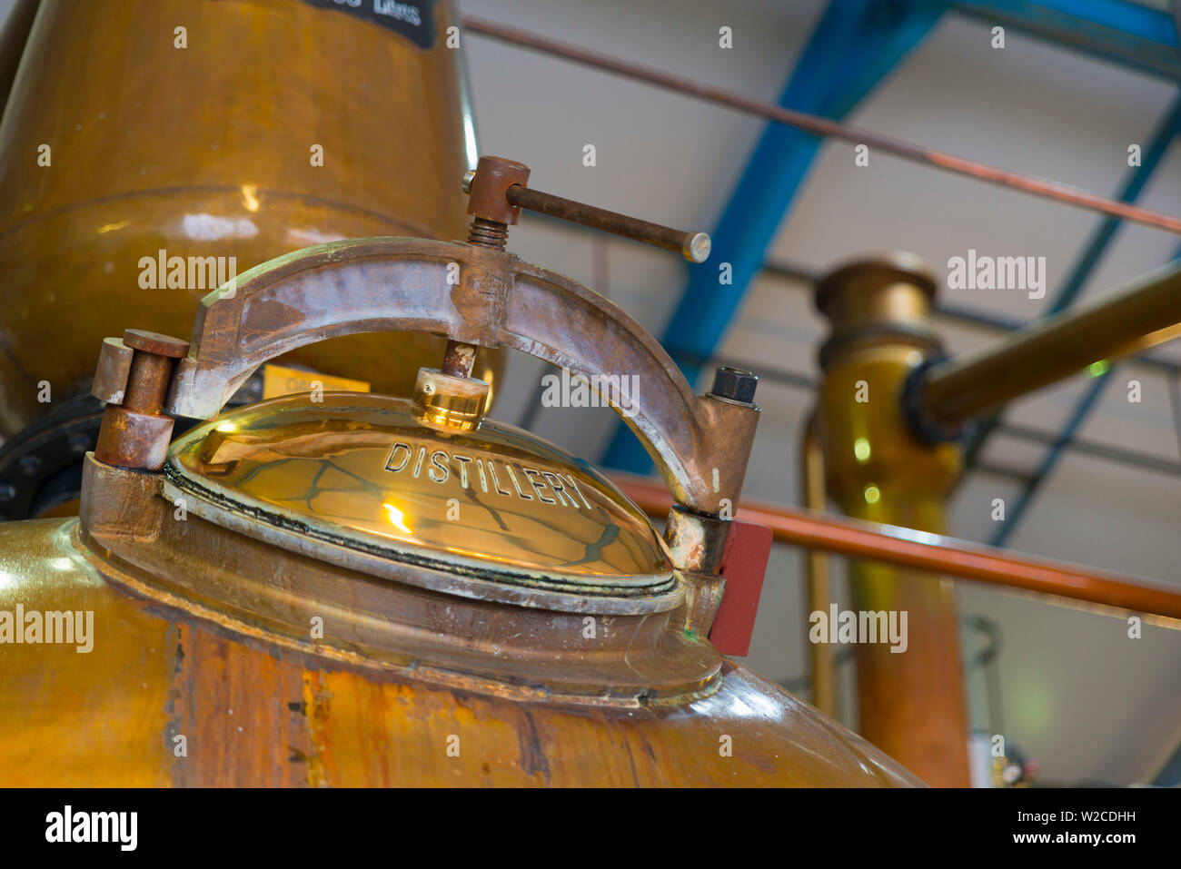 UK, Scotland, Argyll and Bute, Islay, Laphroaig Whisky Distillery, Copper Pot Stills Stock Photo