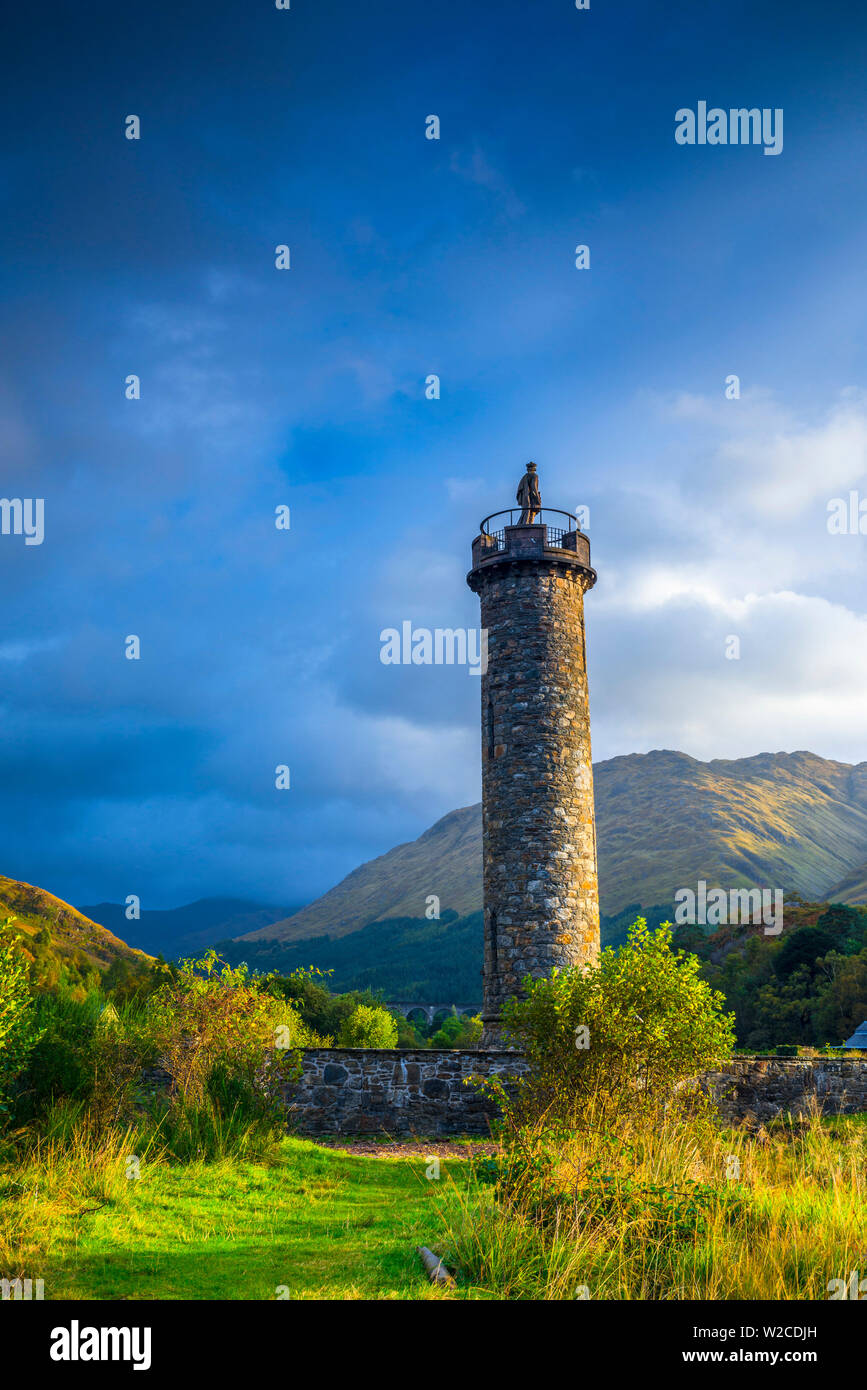 UK, Scotland, Highland, Loch Shiel, Glenfinnan, Glenfinnan Monument to the 1745 landing of Bonnie Prince Charlie at the start of the Jacobite Rising Stock Photo